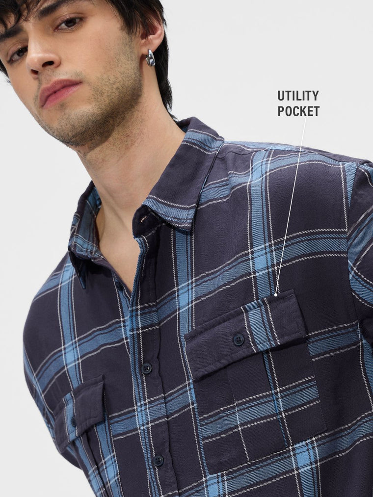 Plaid: Blue Men Utility Shirts