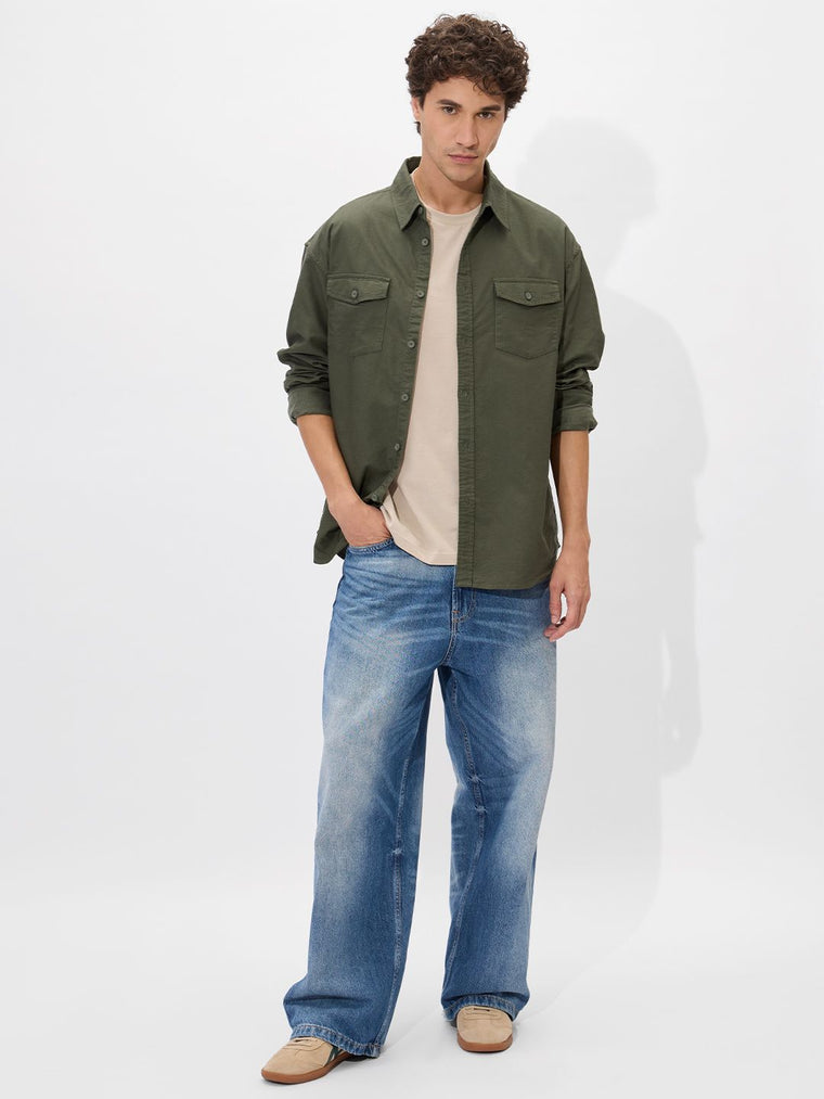Solids: Olive Green Men Utility Shirts