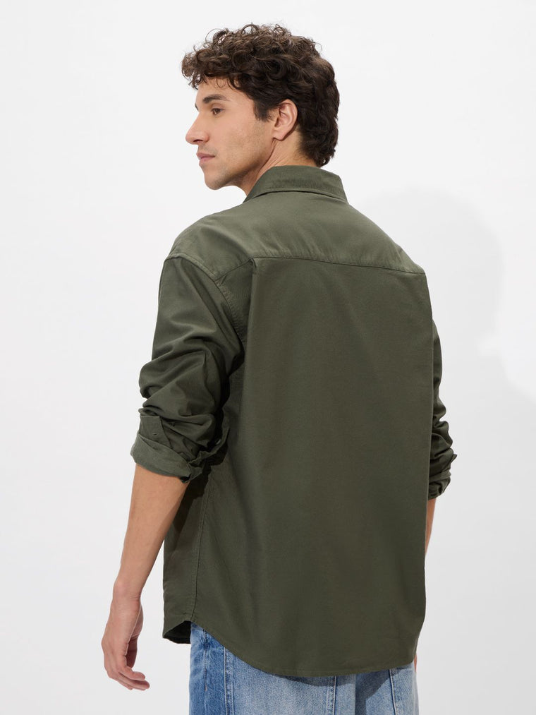 Solids: Olive Green Men Utility Shirts