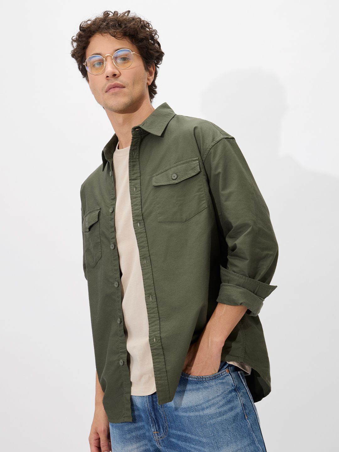 Solids: Olive Green Men Utility Shirts