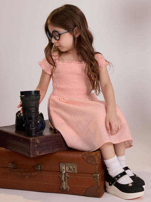 Solids: Fuzzy Peach Girls Cotton Dresses (2-8 Yrs)