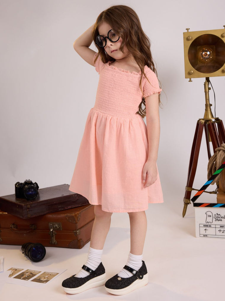 Solids: Fuzzy Peach Girls Cotton Dresses (2-8 Yrs)