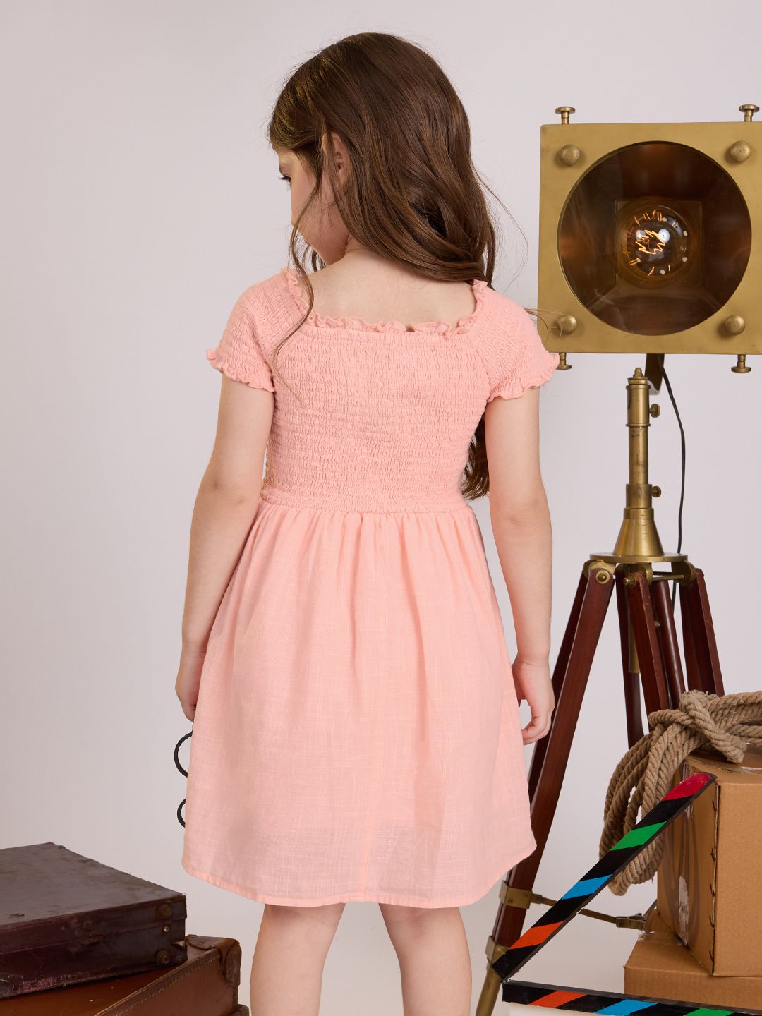 Solids: Fuzzy Peach Girls Cotton Dresses (2-8 Yrs)