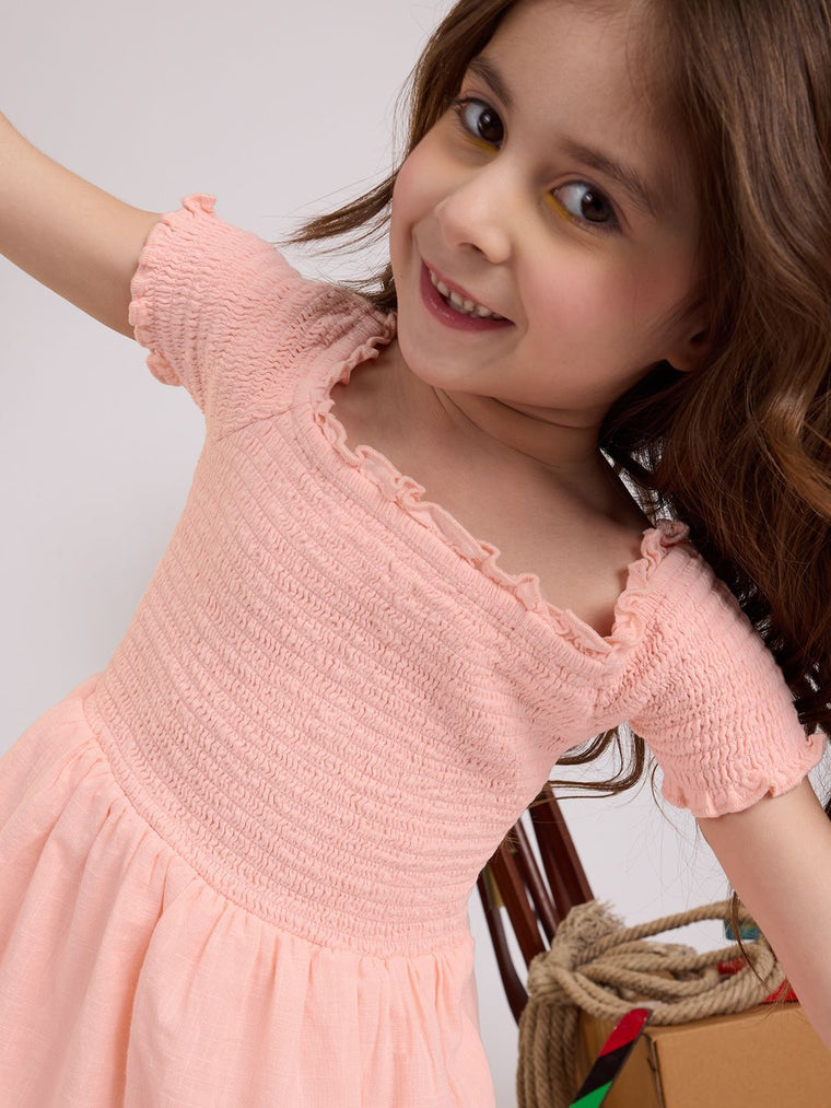 Solids: Fuzzy Peach Girls Cotton Dresses (2-8 Yrs)