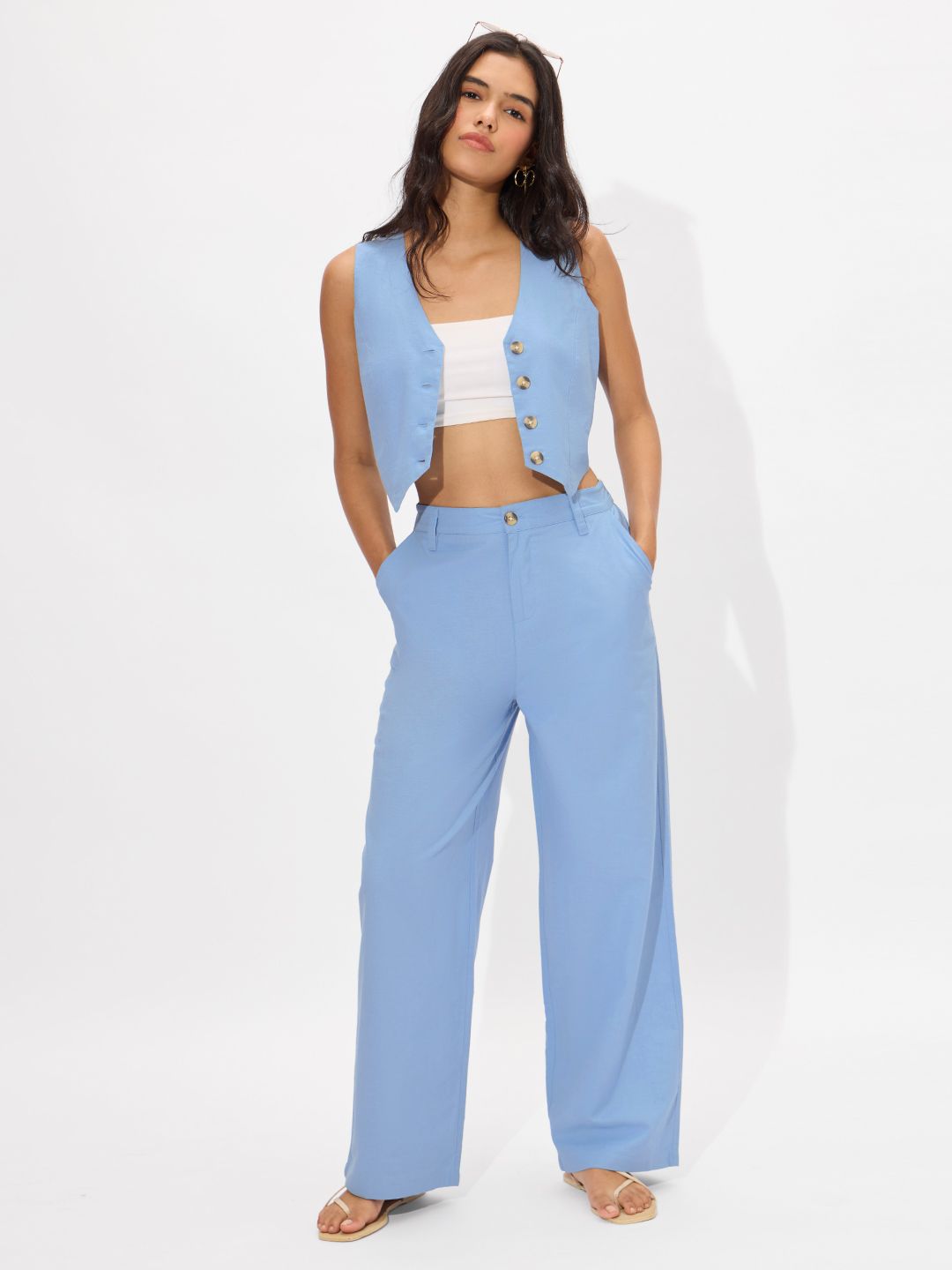 Linen Pant: Carolina Blue Women Straight Pants