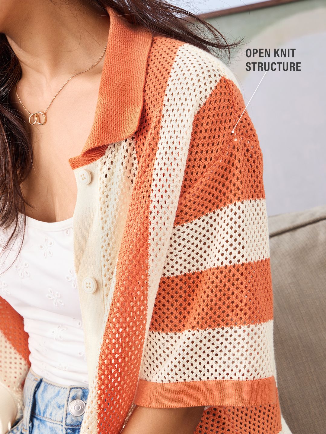 Open Knit Shirt: Apricot Women Oversized Shirts