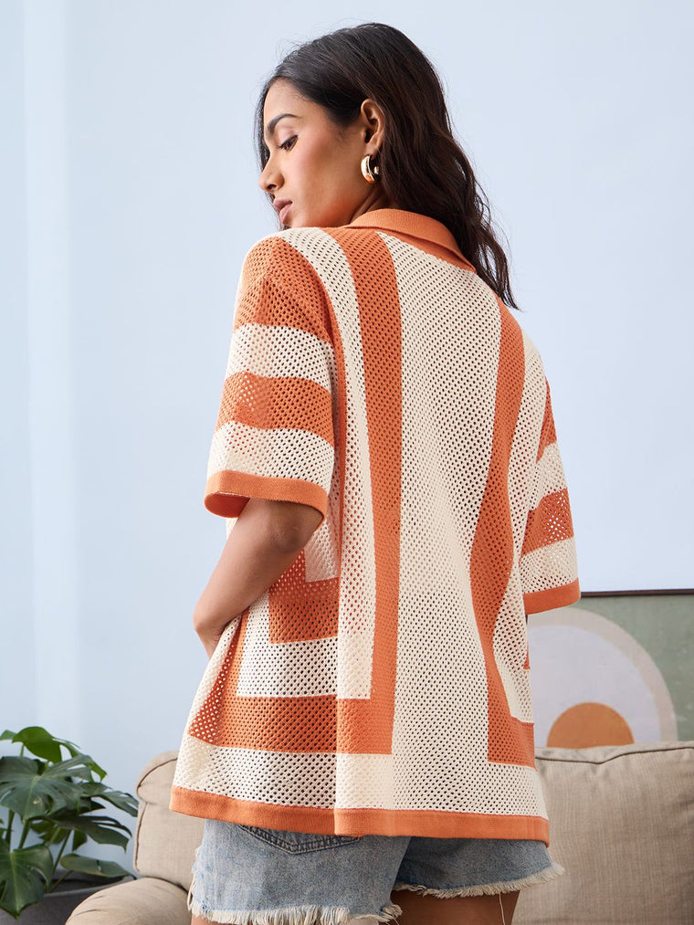 Open Knit Shirt: Apricot Women Oversized Shirts