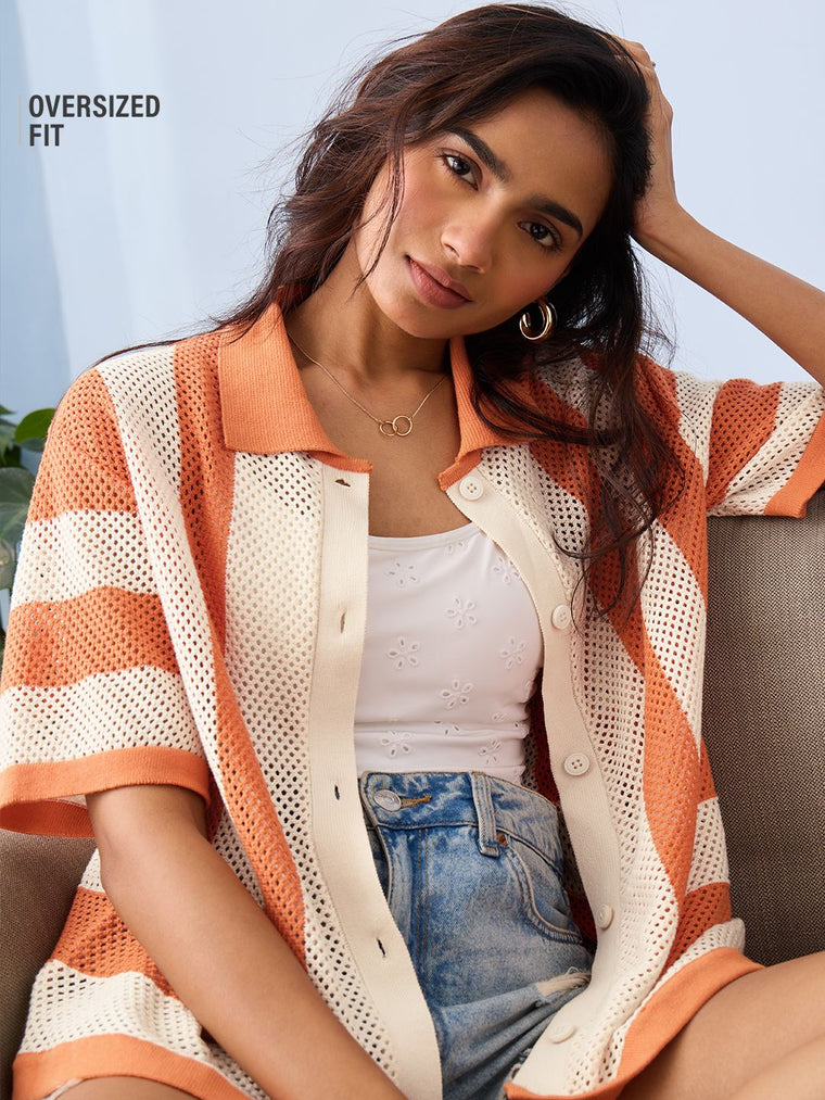 Open Knit Shirt: Apricot Women Oversized Shirts