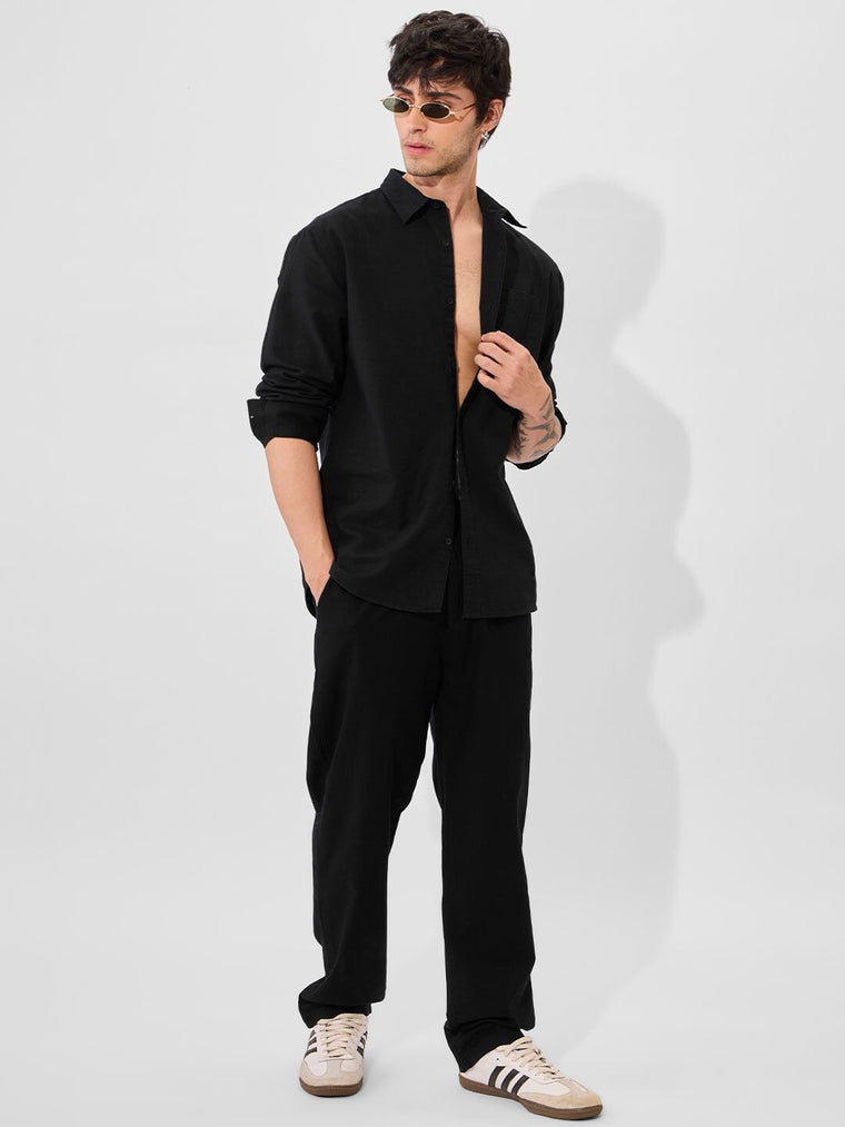 Cotton Linen: Midnight Black Cotton Linen Shirts