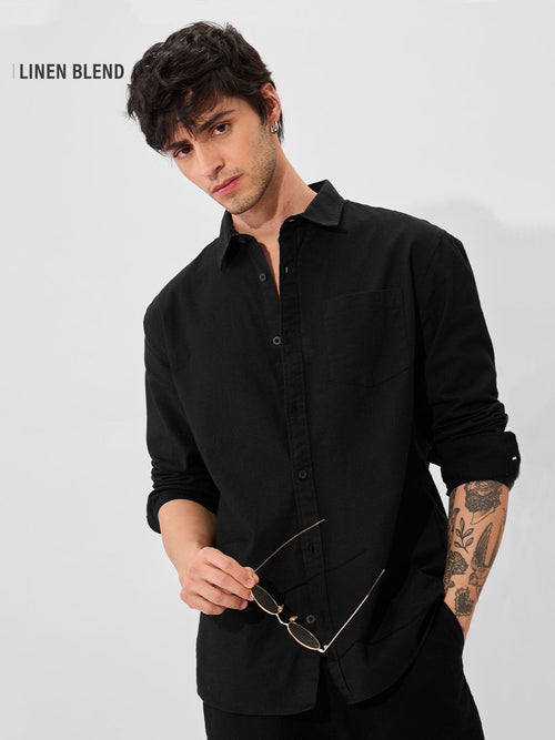 Cotton Linen: Midnight Black Cotton Linen Shirts