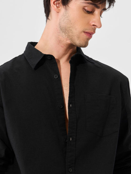 Cotton Linen: Midnight Black Cotton Linen Shirts