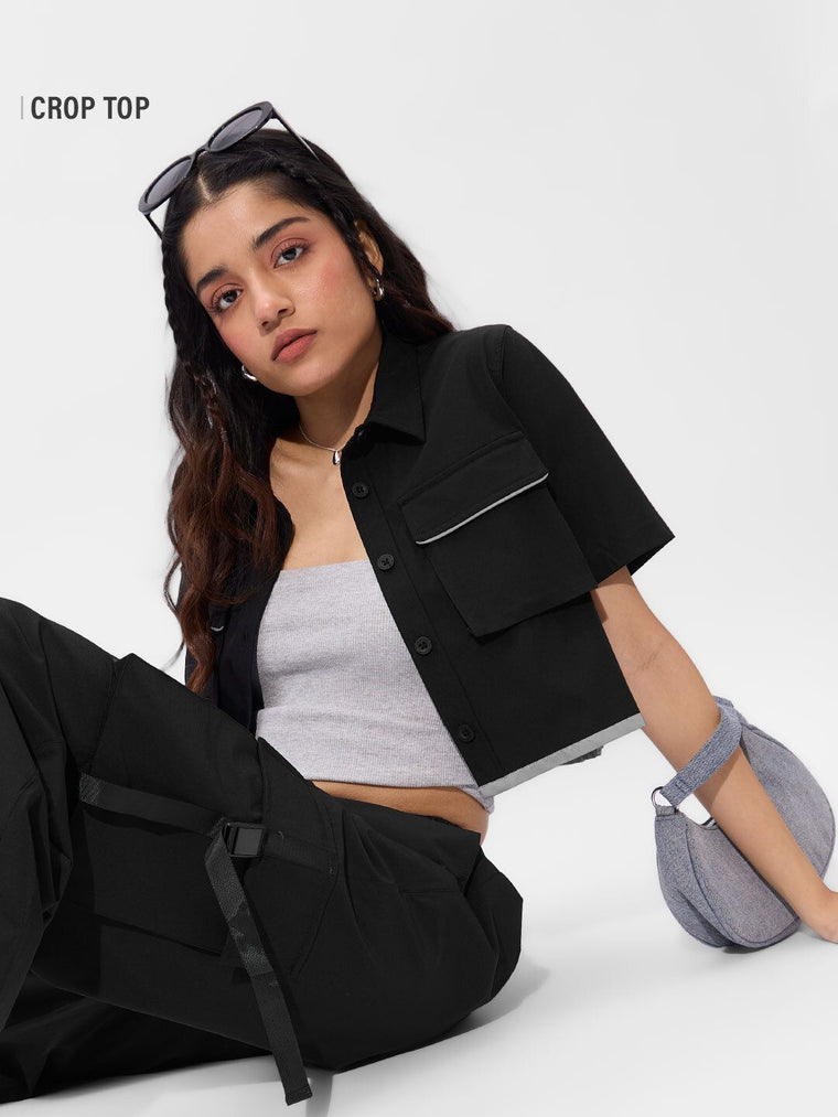 Solids: Black Onyx Women Cropped Shirts