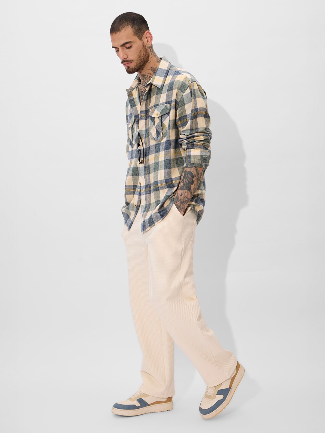 Plaid: Blue, Green, and Yellow Men Utility Shirts
