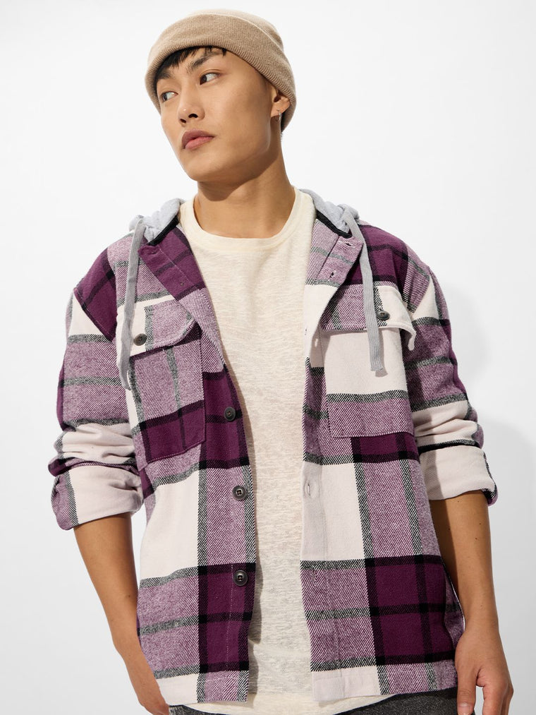 Plaid Hooded Shacket: Mauve Mist Men Shackets