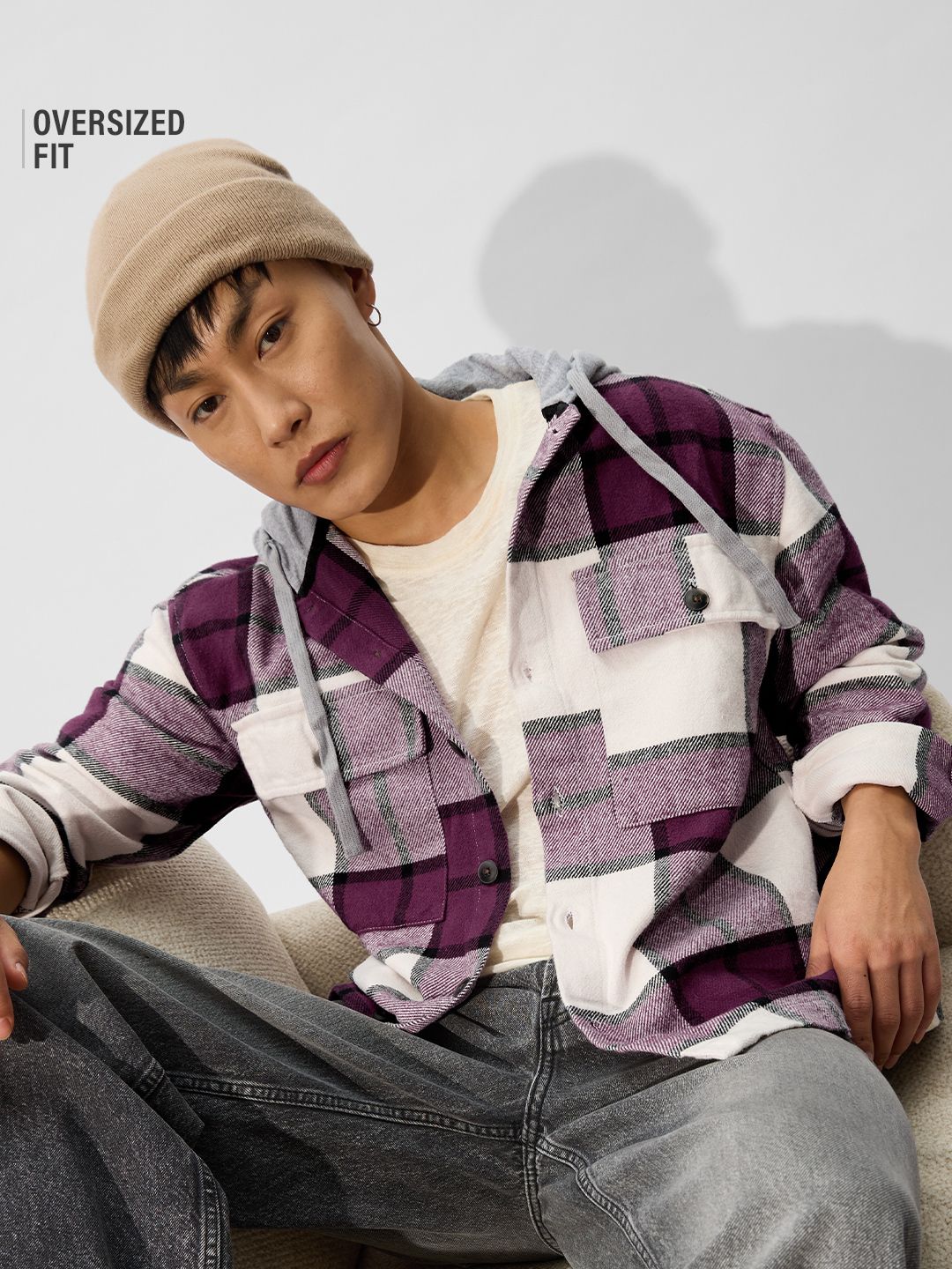 Plaid Hooded Shacket: Mauve Mist Men Shackets