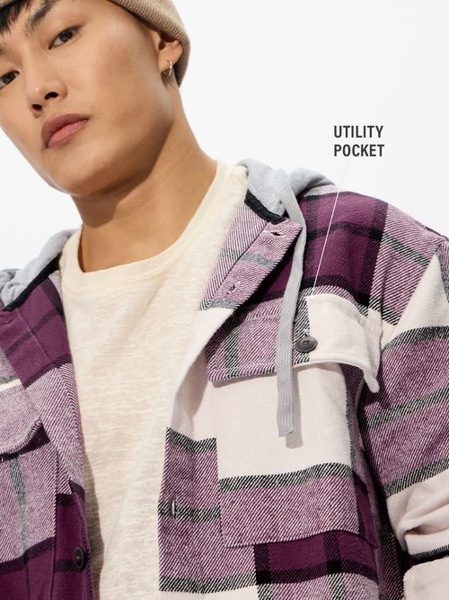 Plaid Hooded Shacket: Mauve Mist Men Shackets