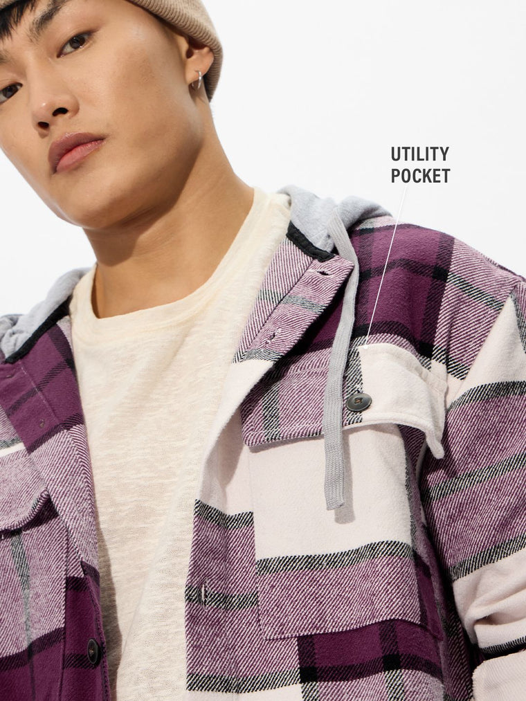 Plaid Hooded Shacket: Mauve Mist Men Shackets