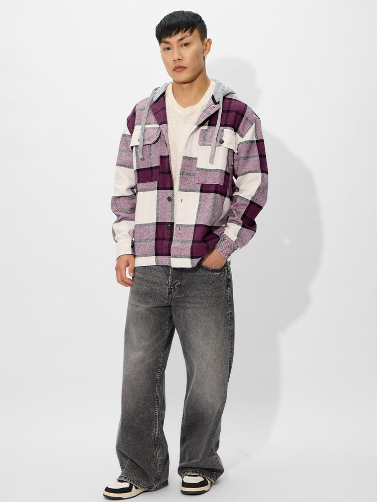 Plaid Hooded Shacket: Mauve Mist Men Shackets