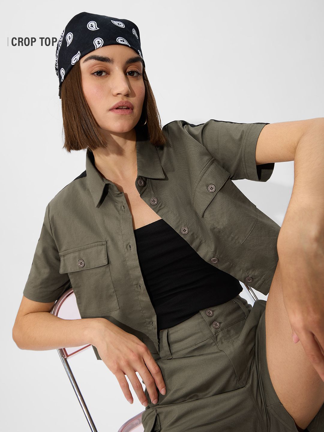 Cropped Shirt: Olive Women Fashion Tops