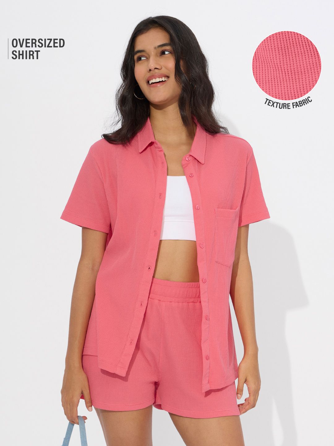 Textured Shirt: Coral (Solids) Women Oversized Shirts