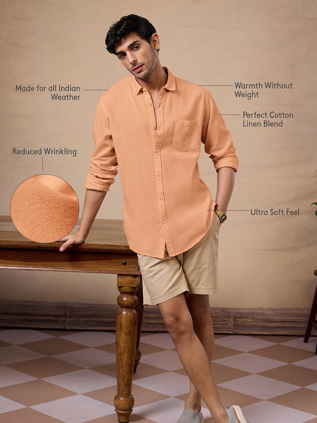 Cotton Linen: Peach Cotton Linen Shirts