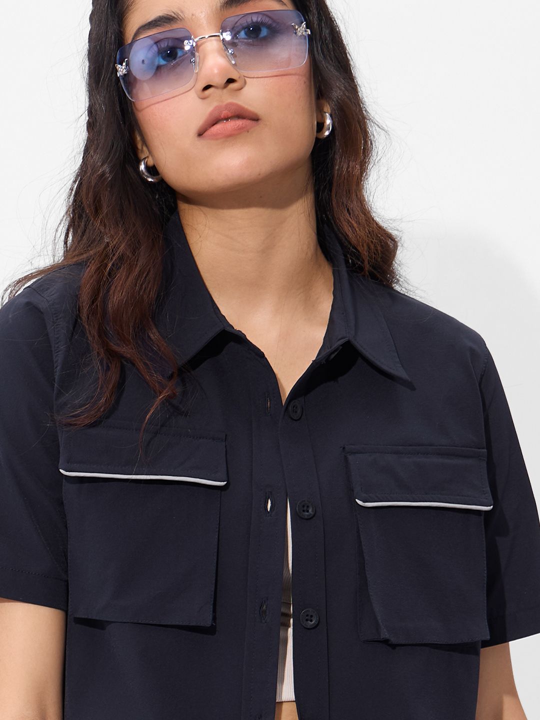 Solids: Classic Navy Women Cropped Shirts
