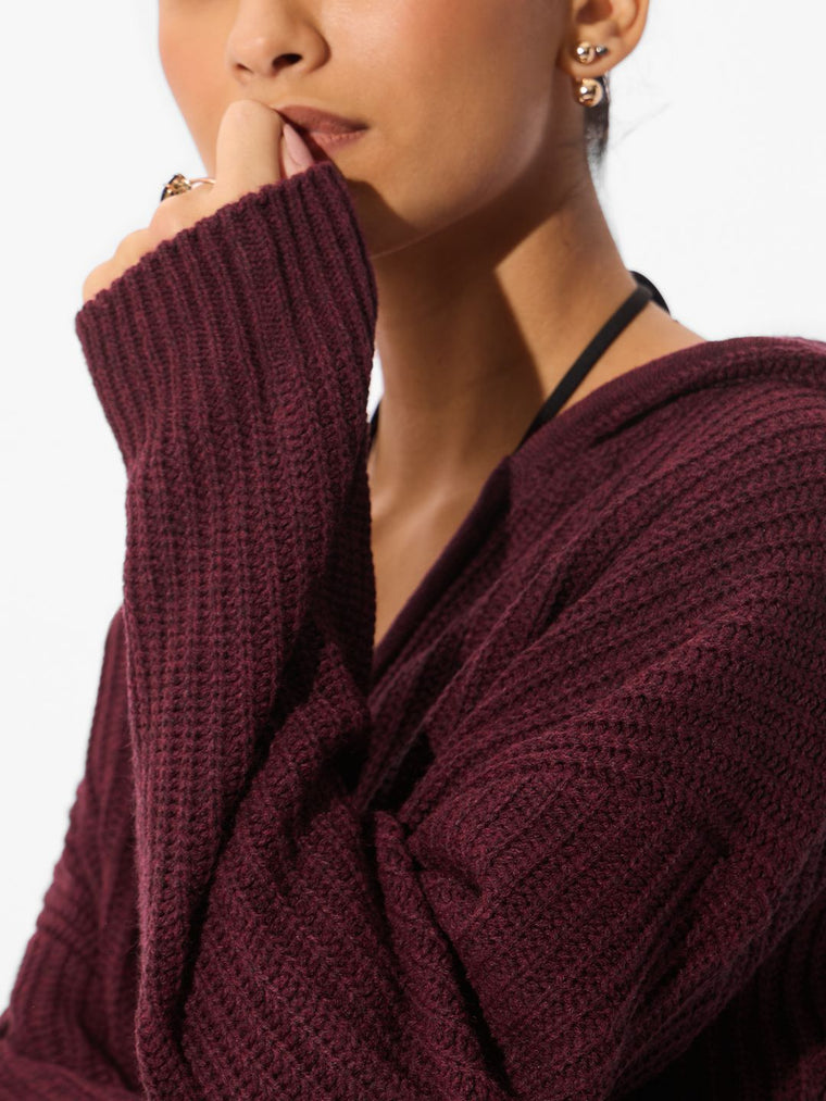 Knitted Hooded Sweater: Maroon Women Super Oversized Sweaters