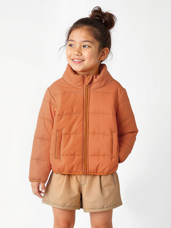 Solids: Pastel Orange Girls Puffer Jackets (2-8 Yrs)
