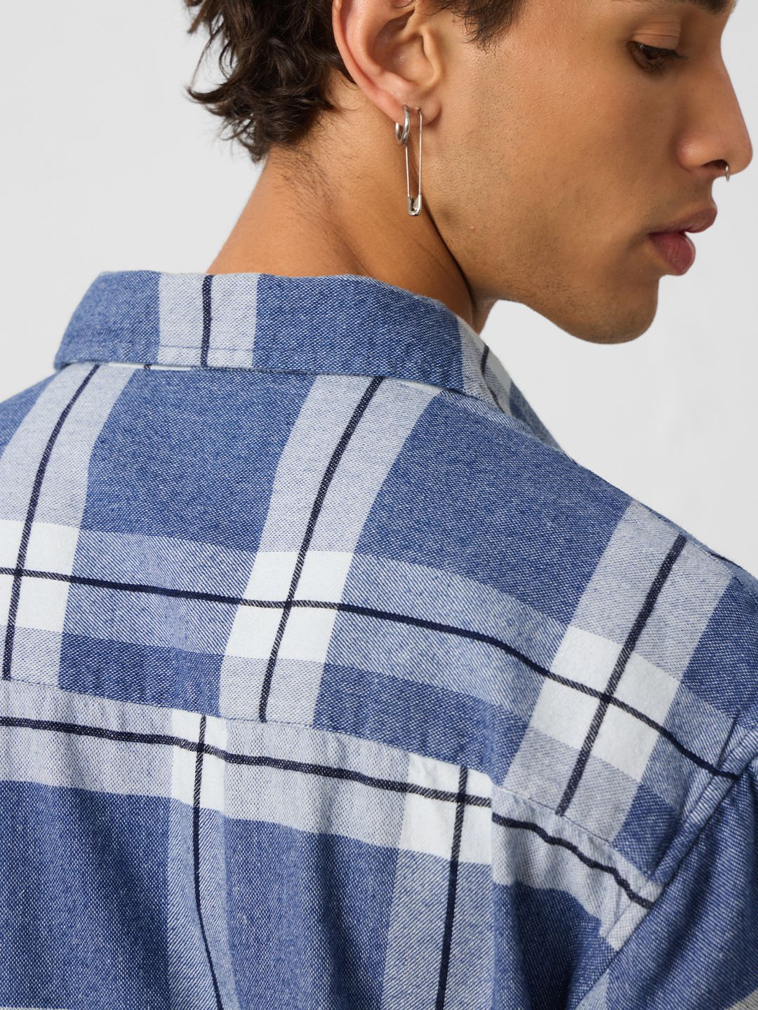 Plaid: Blue, White Men Utility Shirts