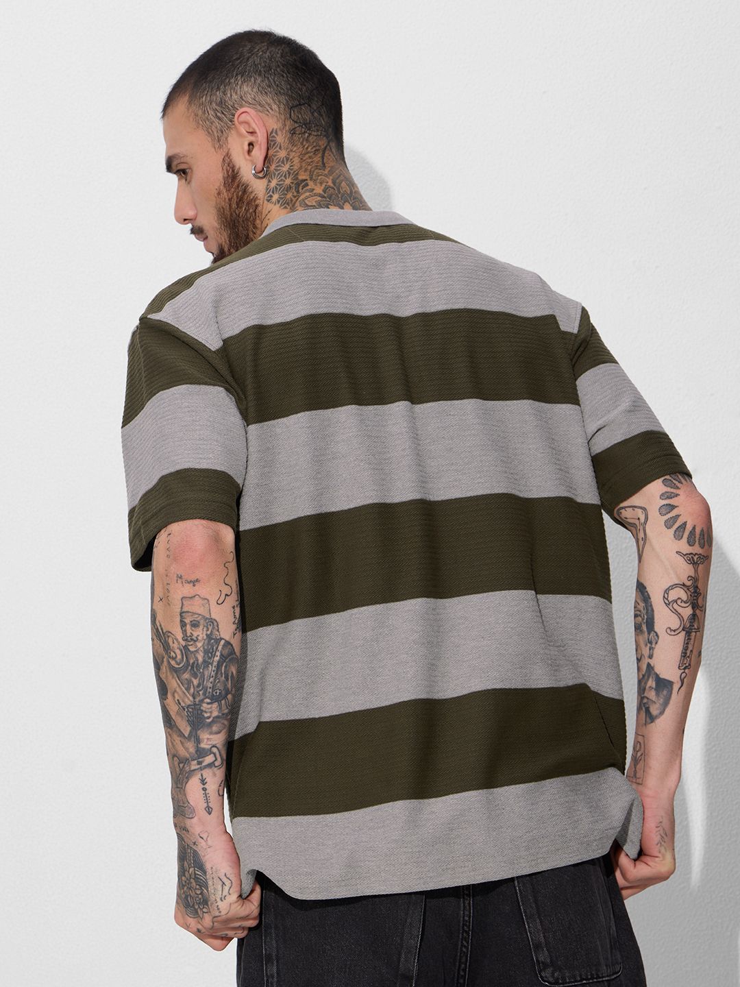 Jacquard Textured Stripes Polo: Olive Oversized Polos