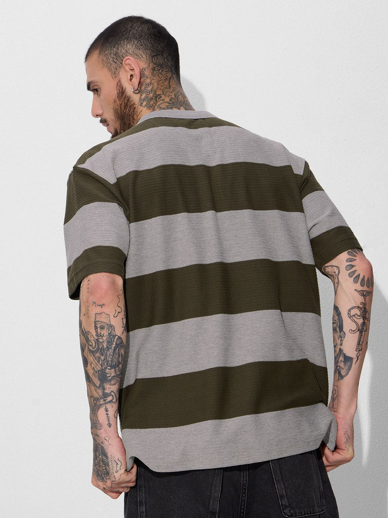 Jacquard Textured Stripes Polo: Olive Oversized Polos