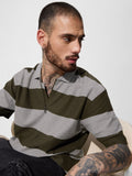 Jacquard Textured Stripes Polo: Olive Oversized Polos