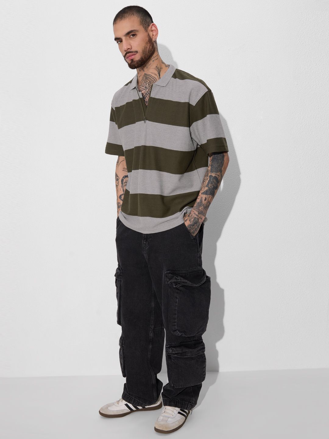 Jacquard Textured Stripes Polo: Olive Oversized Polos