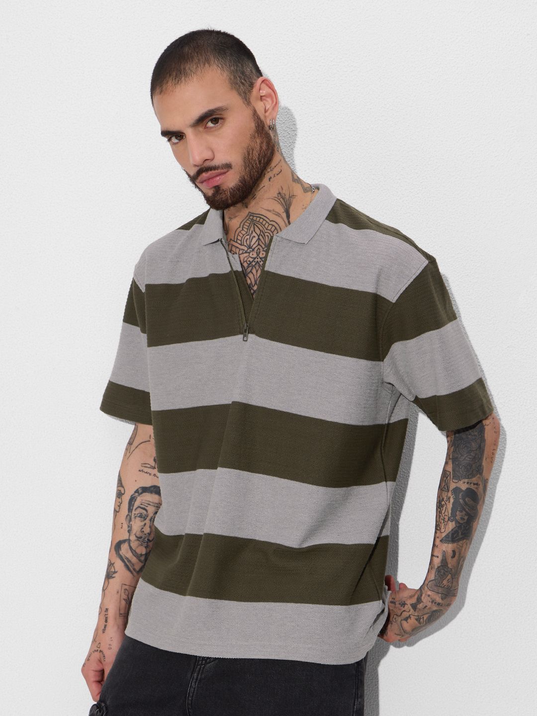 Jacquard Textured Stripes Polo: Olive Oversized Polos