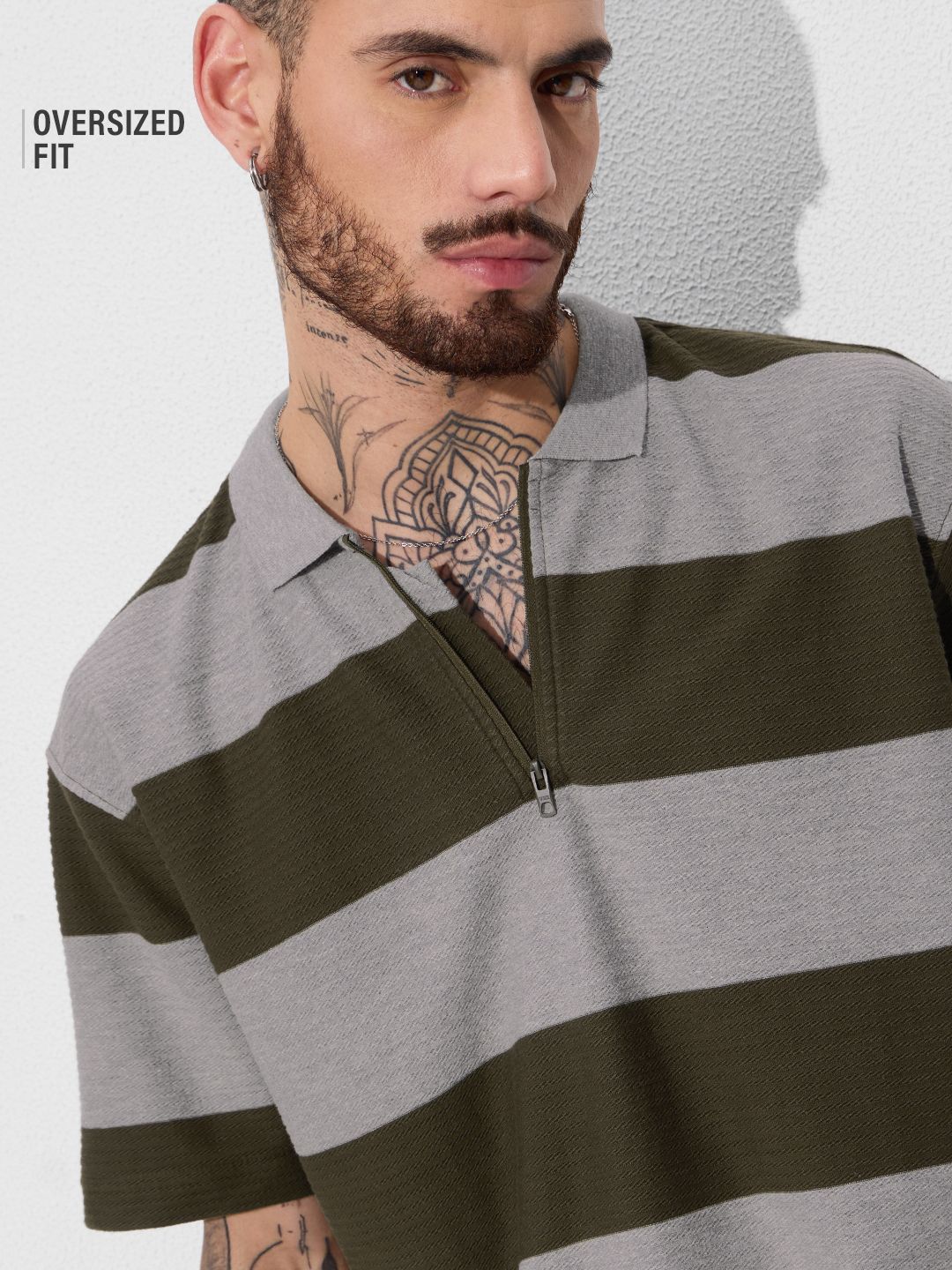 Jacquard Textured Stripes Polo: Olive Oversized Polos