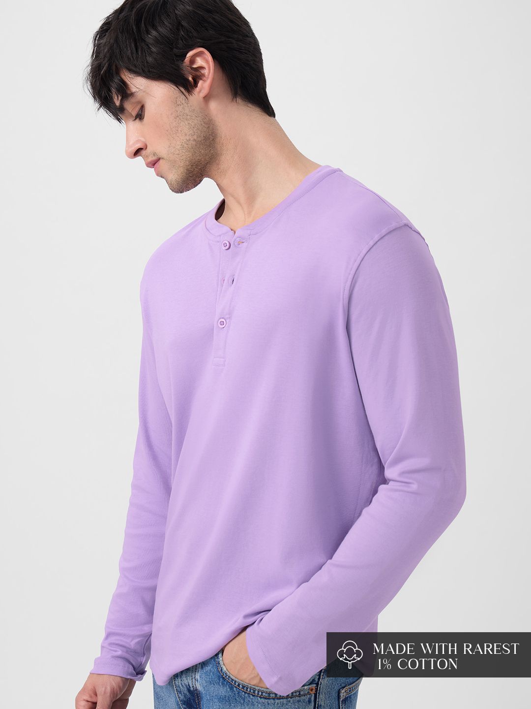 Supima: Storm Lilac Supima Full Sleeve Henley T-Shirts