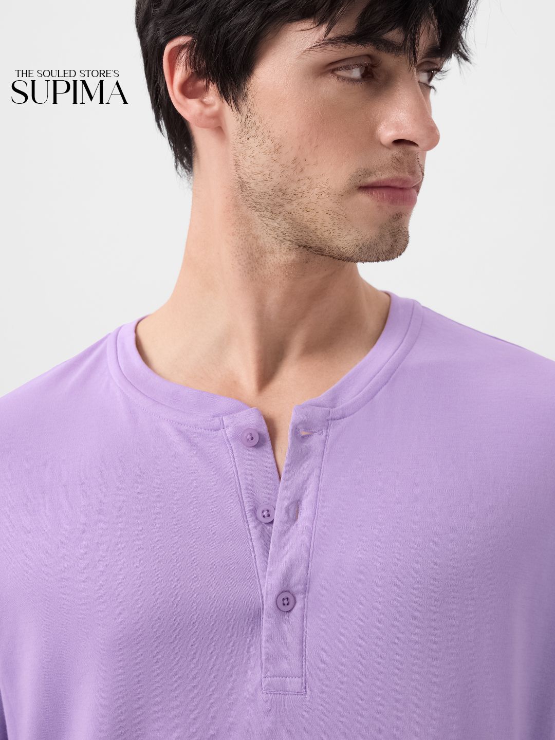 Supima: Storm Lilac Supima Full Sleeve Henley T-Shirts