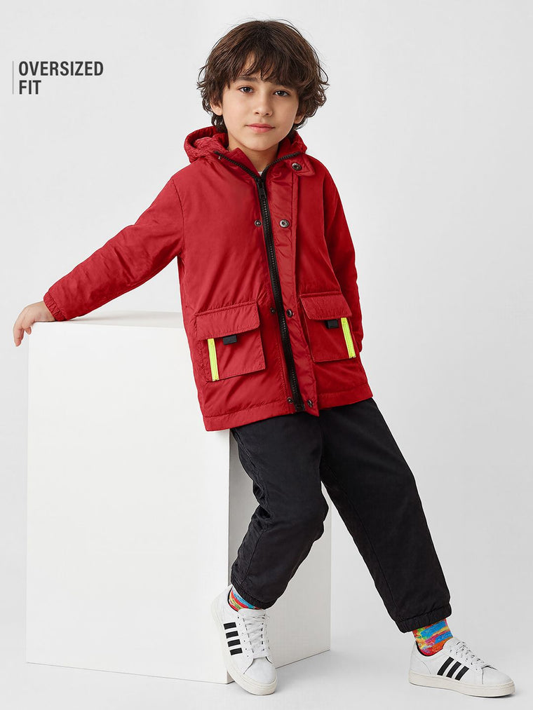 Solids: Deep Red Boys Cotton Hooded Utility Jackets (2-8 Yrs)