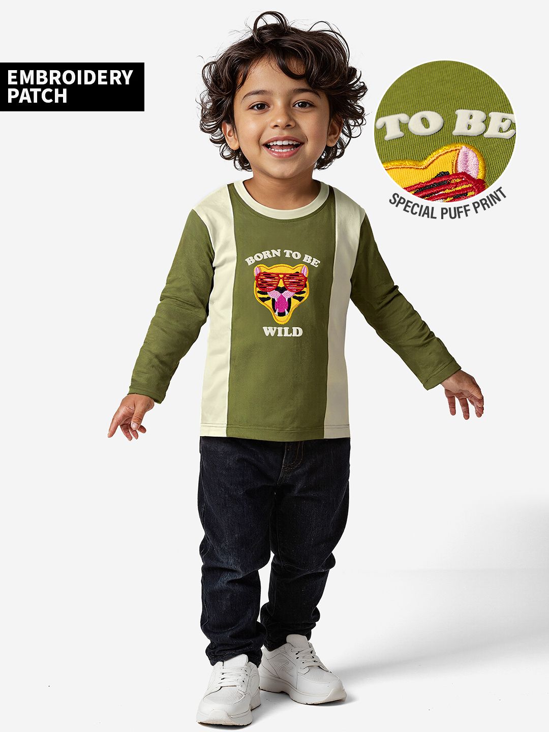 Colour Block T-Shirt: Born To Be Wild Boys Full Sleeve T-Shirts (2-8 Yrs)