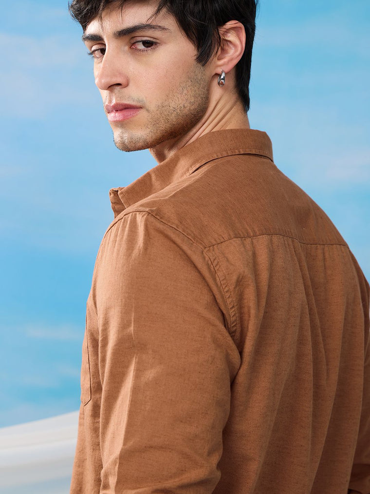 Cotton Linen: Russet Brown Cotton Linen Shirts
