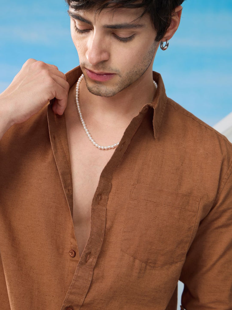 Cotton Linen: Russet Brown Cotton Linen Shirts