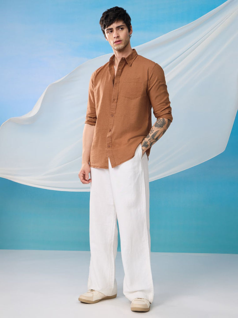 Cotton Linen: Russet Brown Cotton Linen Shirts