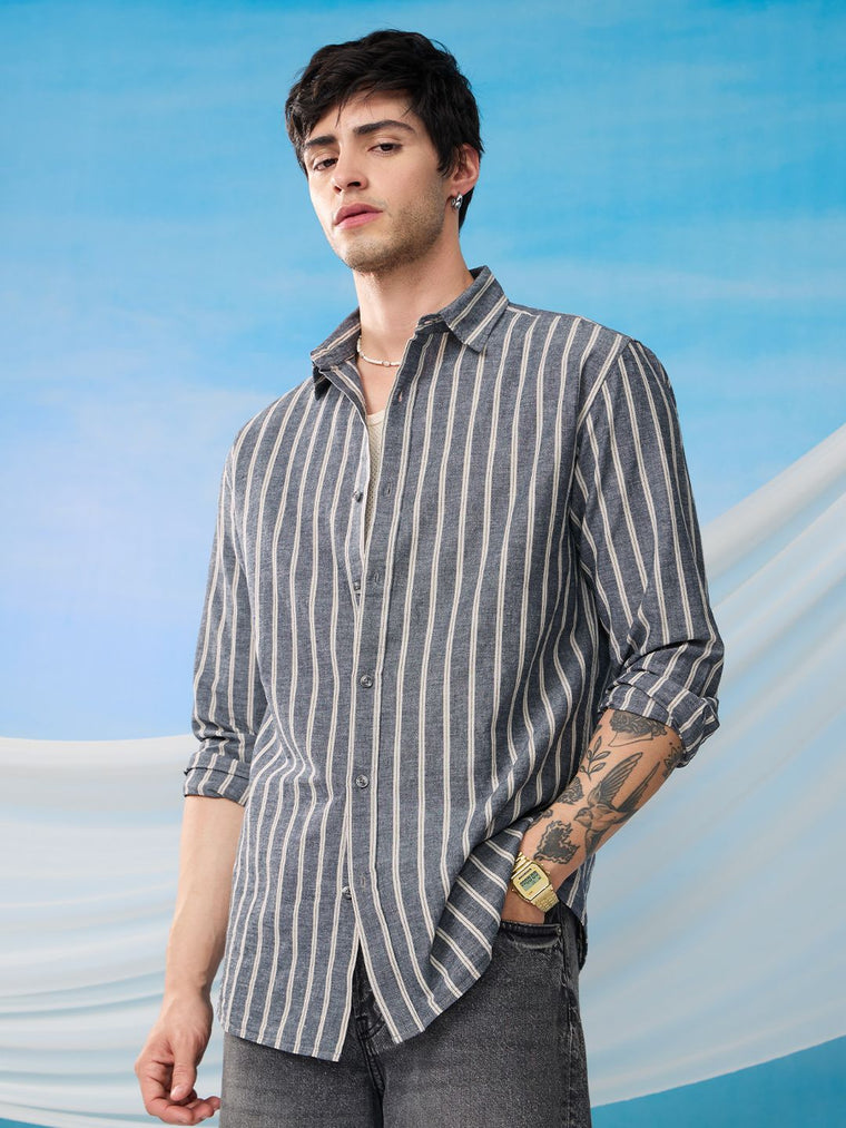 Cotton Linen Stripes: Azure Cotton Linen Shirts
