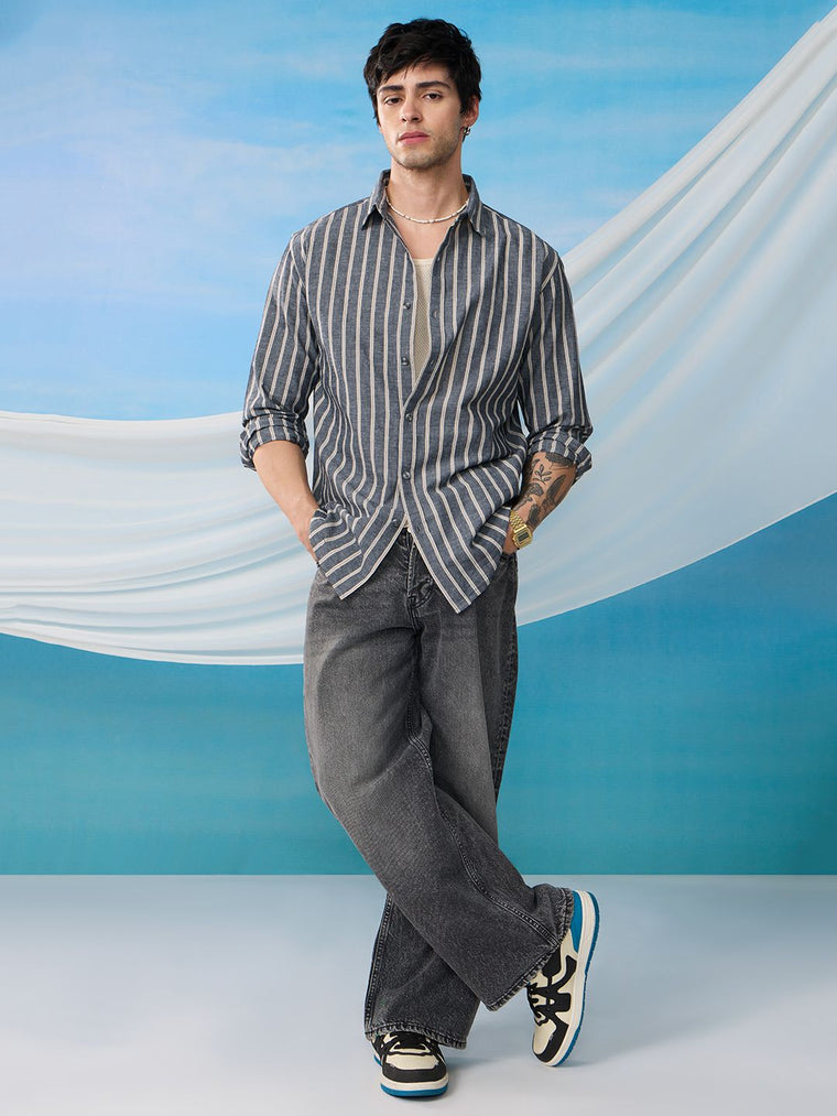 Cotton Linen Stripes: Azure Cotton Linen Shirts