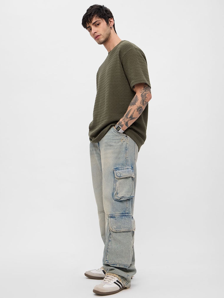 Textured T-Shirt: Olive Oversized T-Shirts