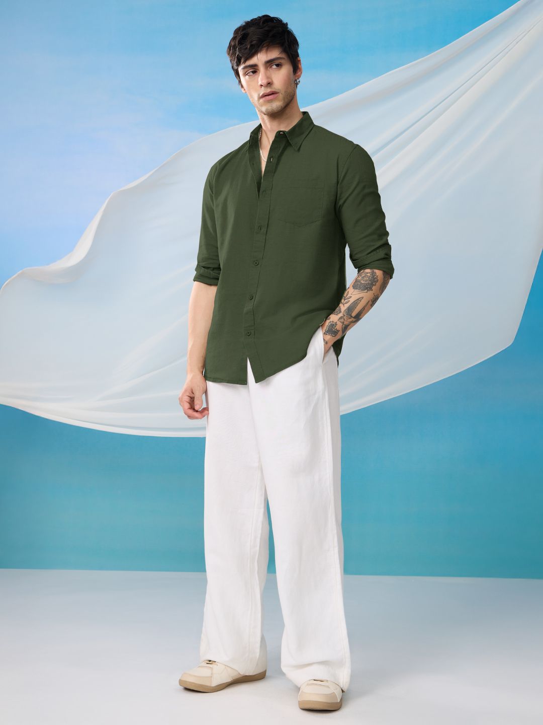 Cotton Linen: Ivy Green Cotton Linen Shirts