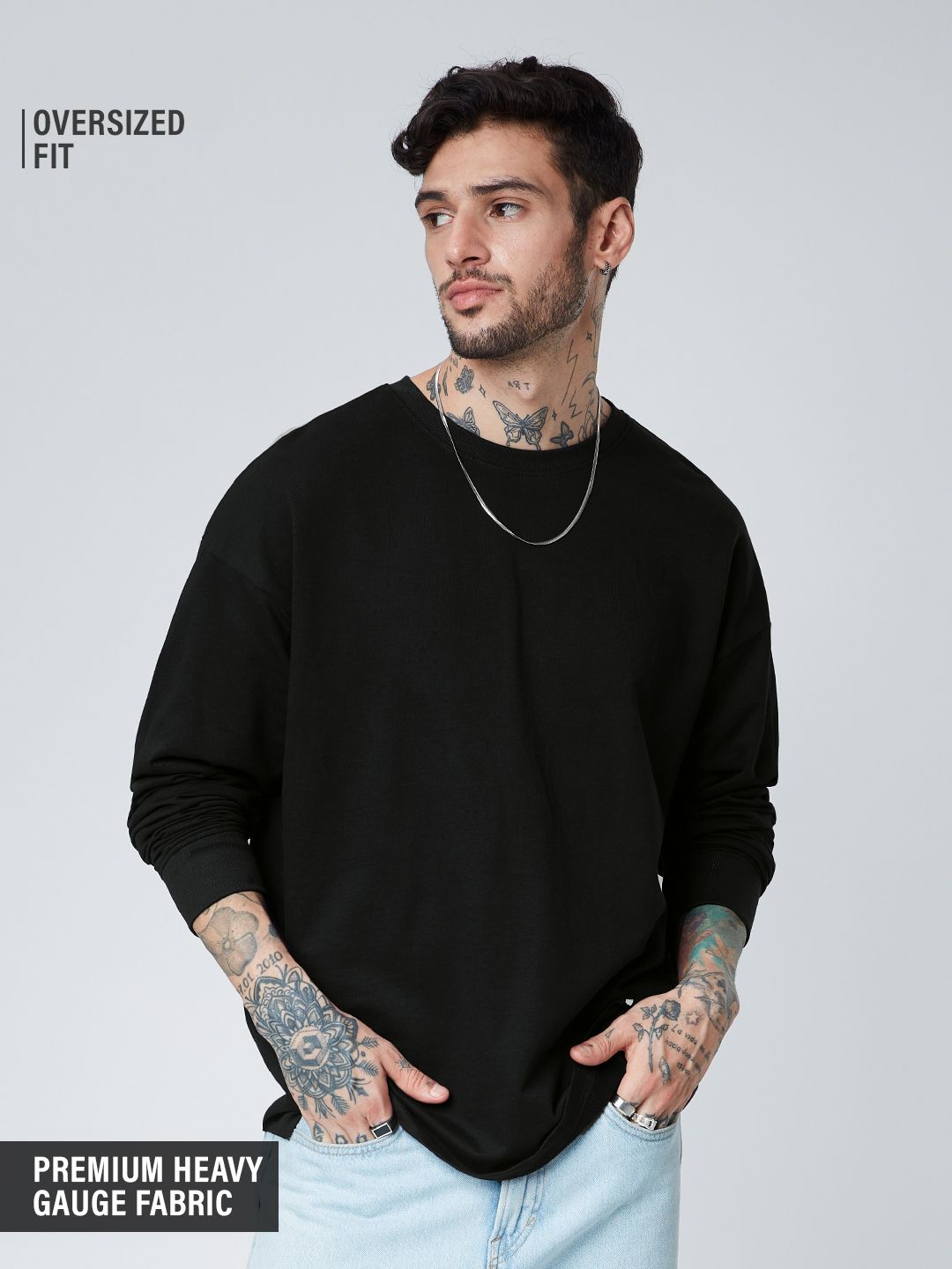 Solids: Black (Oversized) Oversized Full Sleeve T-Shirts