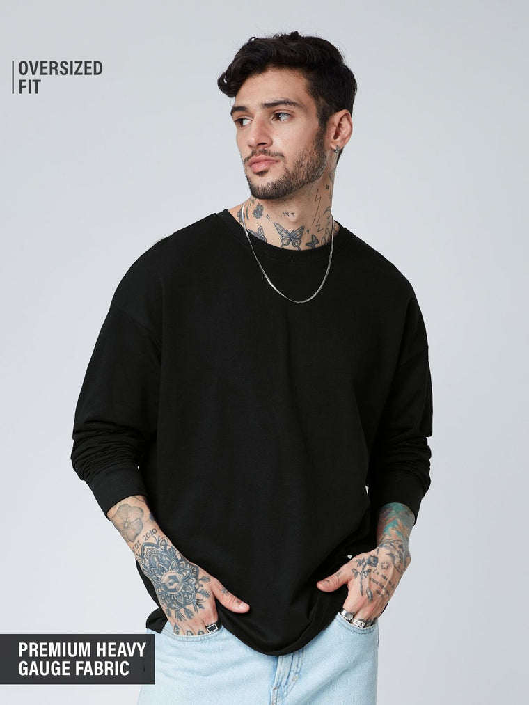 Solids: Black (Oversized) Oversized Full Sleeve T-Shirts