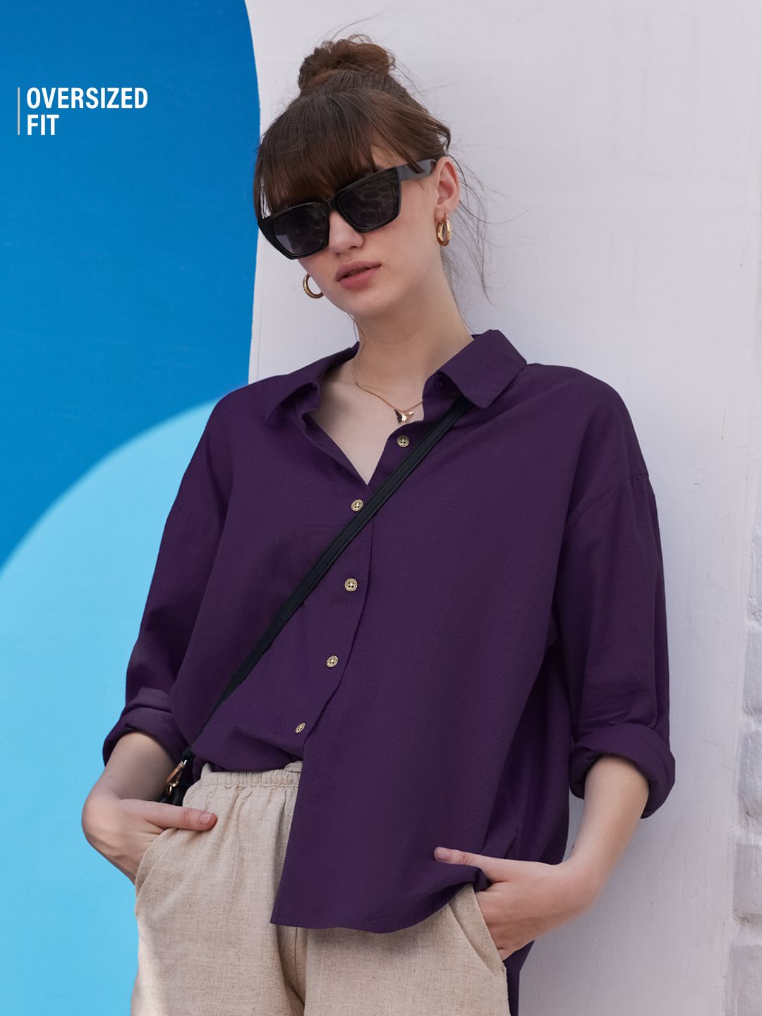 Cotton Linen Shirt: Royal Purple Women Oversized Shirts