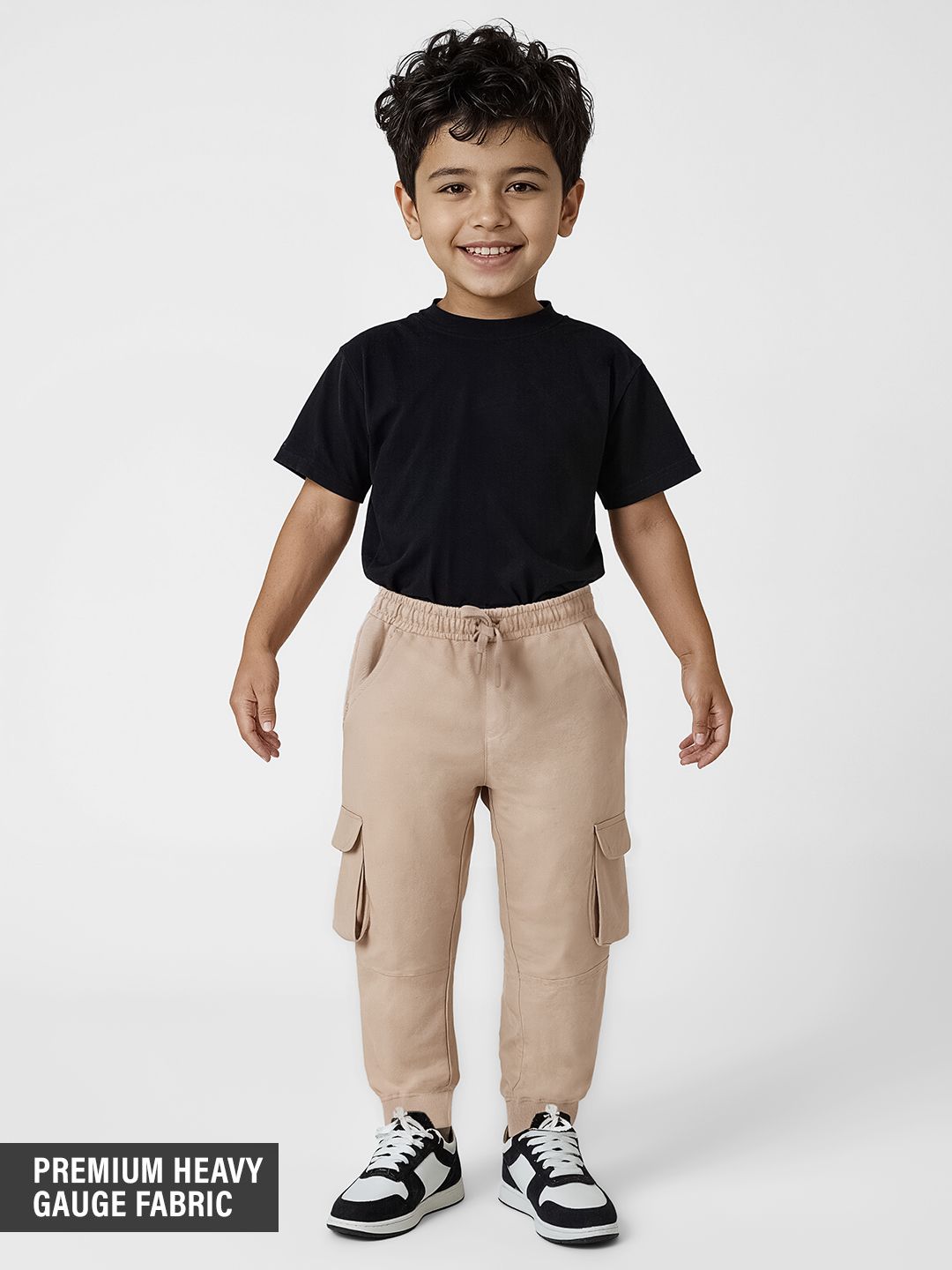 Solids: Creamy Beige Boys Cargo Joggers (2-8 Yrs)